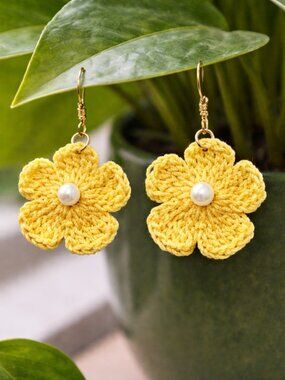 Handmade Crochet Flower Earrings Yellow w/ Pearl | Boho Floral Dangle Earrings